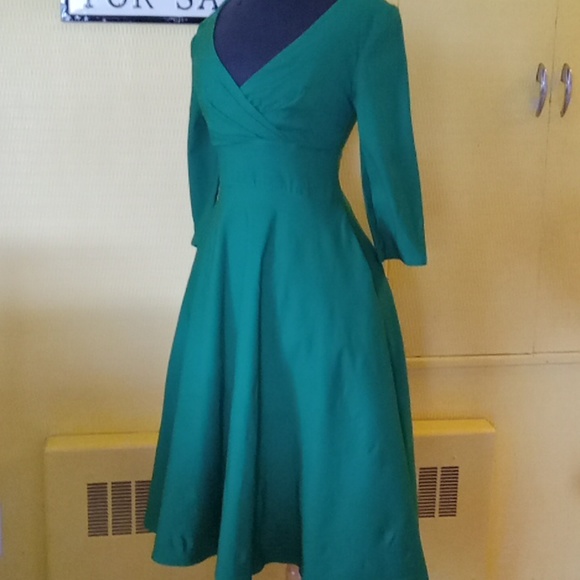 Pin up couture size small green llong sleeved swing dress with pockets - Picture 5 of 6